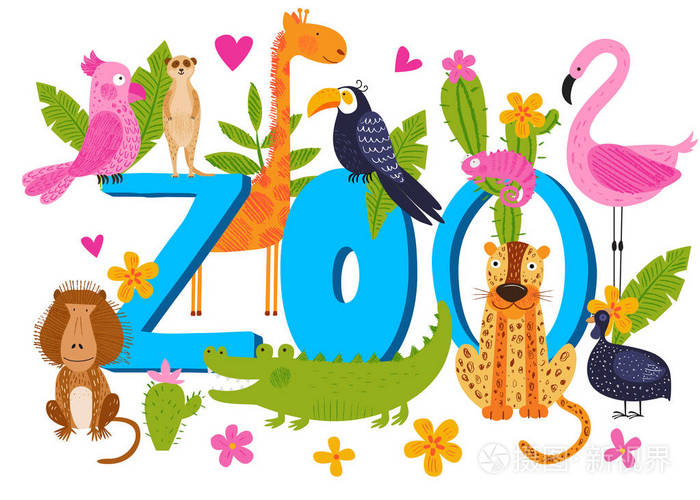 手绘插图. 夏季套餐. 孩子们的有趣角色. 旅游海报,动物园和