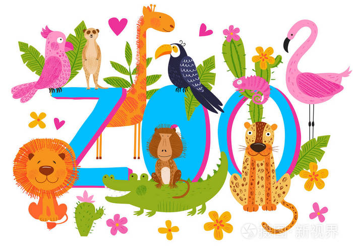 旅游海报,动物园和狩猎卡的彩色模板. 卡通风格插画