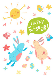 手绘元素:兔子花,鸡蛋,蝴蝶. 有趣的复活节兔子.照片