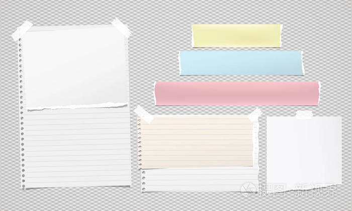 五颜六色和白色撕破的笔记本纸, 撕破的笔记纸条卡在灰色的背景上。向量例证