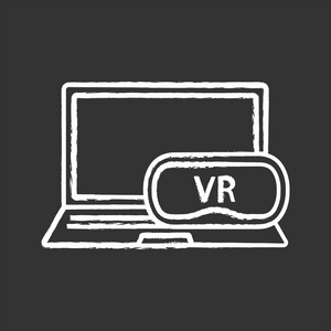 计算机VR耳机粉笔图标。 虚拟现实游戏。