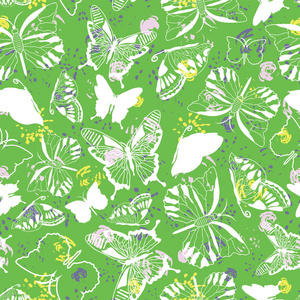 蝴蝶花卉家庭现代优雅的白色蝴蝶剪影在抽象的笔触花和春天的绿色背景