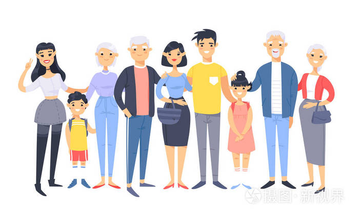 卡通风格的不同年龄(年轻人和老年人)与男婴女孩孕妇