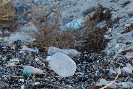空的旧脏塑料瓶. 肮脏的海沙海岸的黑海. 环境污染. 生态问题照片