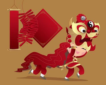 中国孩子在玩麒麟舞照片