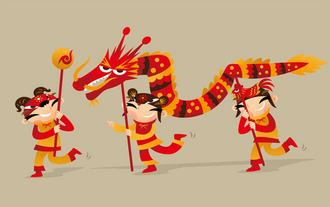 三个中国孩子跳龙舞来庆祝中国新年