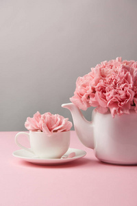 白色茶壶和灰色杯子中美丽的粉红色康乃馨花朵的近景