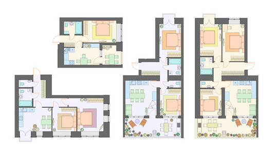 带家具公寓的矢量集建筑背景俯视图