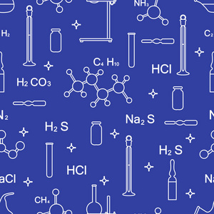 科学矢量无缝图案与烧瓶，试管，烧杯，工具和公式..教育要素。化学，生物，医学..