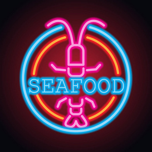 海鲜餐厅霓虹灯标志木板。矢量插图