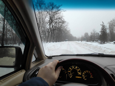 在车里，冬天的路在雪地里，开车旅行，很多雪，开车