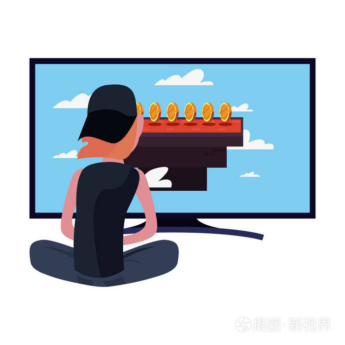 男孩玩电子游戏抓硬币矢量图插画-正版商用图片17tesv-摄图新视界
