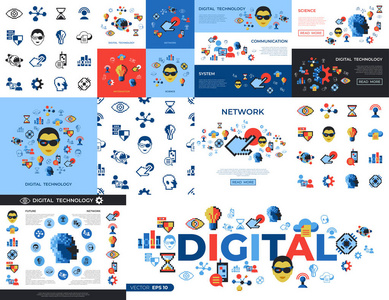 数字矢量像素艺术数字技术和网络图标集信息图形