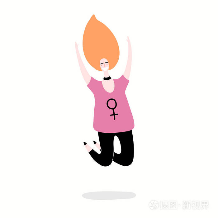 一个快乐的女人在白色背景上跳跃的手绘矢量插图，女权主义和妇女日的概念