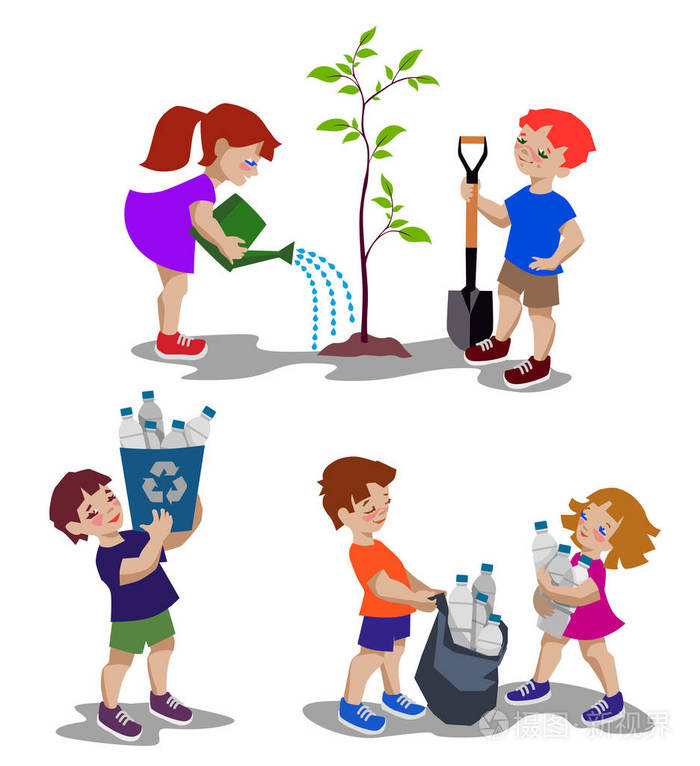 男孩和女孩种植和浇水树. 废物回收再利用.