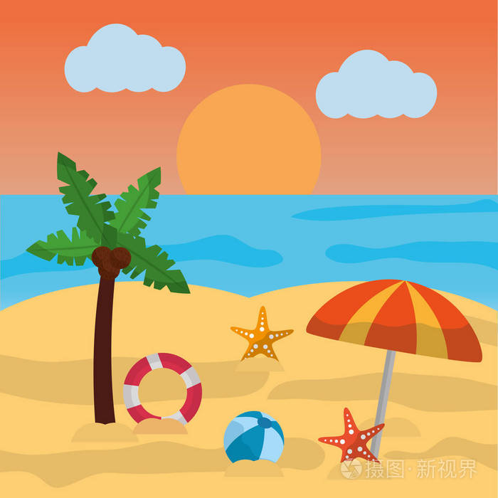 海滩夏天棕榈伞球海星太阳云和海
