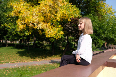 一个快乐的小女孩坐在秋天公园里的画像