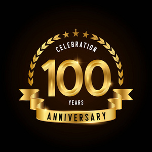 100周年庆祝标志型。 带有丝带的金色周年纪念徽。 设计小册子传单，杂志，小册子，海报，网络邀请或贺卡。 矢量图。