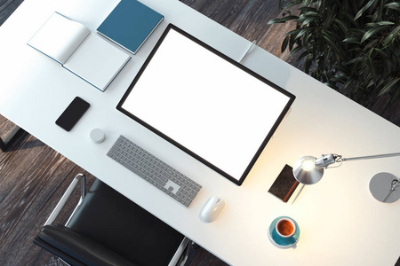 平板电脑, 桌面上有空白的白色屏幕鼠标和键盘。3d 渲染