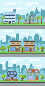 城市街道的三个向量例证一套与动画片房子和树