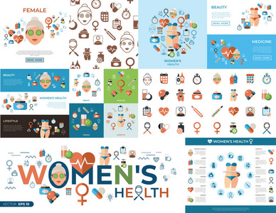 数字矢量女性健康图标设置绘制简单线条艺术信息图形平面风格
