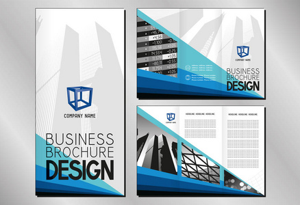 商业三重小册子传单模板A4至dl格式3x99x210毫米现代办公楼摩天大楼现代建筑金融数据蓝色图形与三角形。