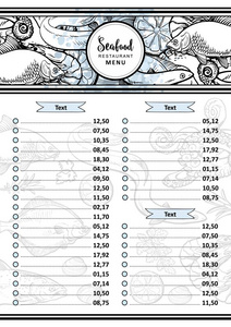 海鲜餐馆或市场菜单或价目表模板的向量例证
