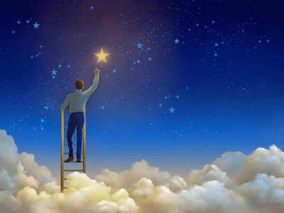 人在云上爬梯子,伸手去摸星星. 数字插图.照片