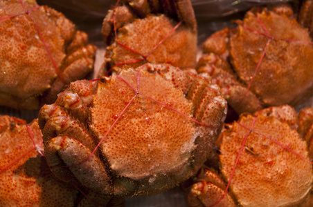 海鲜市场上的新鲜螃蟹准备出售。 日本东京