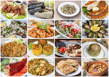 传统美味的土耳其食品，各种拼贴概念照片。