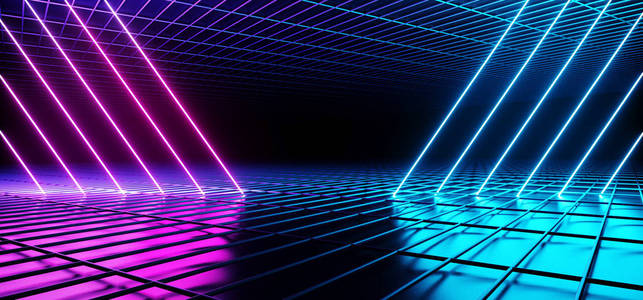 科幻未来舞台舞霓虹灯发光紫蓝色粉红色三角形倾斜线在暗空金属反射网表面隧道室大厅3渲染插图
