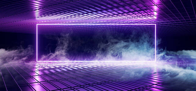 烟雾科幻未来舞台舞霓虹彩紫蓝色粉红飘框造型线在暗空金属反光网表面隧道大厅3绘制插图