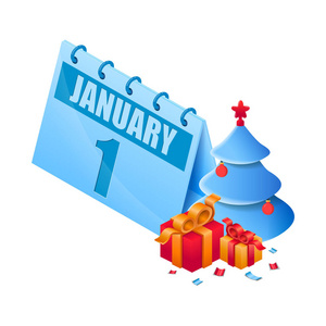 等距日历与1月1日。 新雅尔日历与圣诞树与明星和玩具礼物与弓和彩色纸屑等距