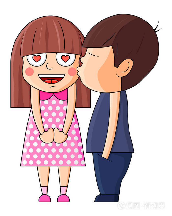 男孩接吻女孩瓦伦丁矢量插图情人节卡片可爱的小女孩恋爱了浪漫矢量