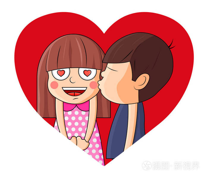 情人节卡片可爱的小女孩恋爱和男孩亲吻这个女孩. 浪漫矢量插 ..
