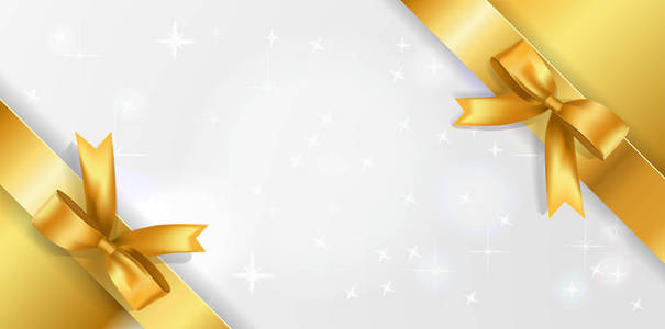 金色的星星背景与缎子蝴蝶结装饰边界. 优惠券活动派对的矢量概念照片