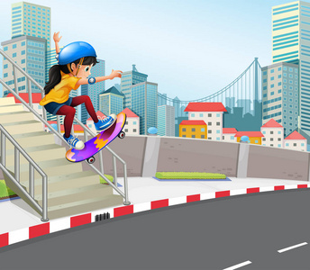 城市插画中玩滑冰鞋的女孩