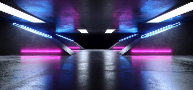 未来的现代科幻现实网格混凝土反射暗空地下隧道走廊与霓虹灯发光紫蓝色粉红色激光管灯3渲染插图。