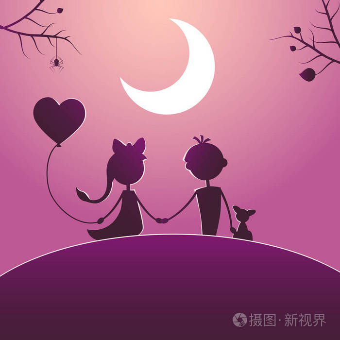 在月光下行走的男孩和女孩的剪影