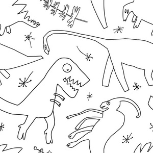 手绘恐龙和废弃的植物。有趣的涂鸦卡通恐龙无缝模式