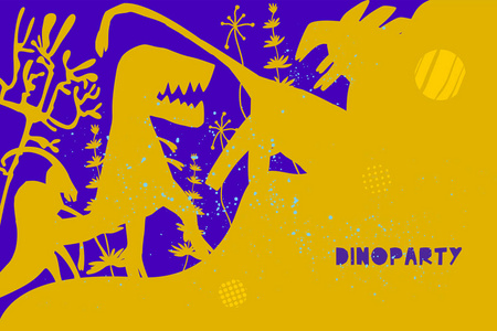 手绘恐龙和有文字的废弃植物。侏罗纪爬行动物扁平字符