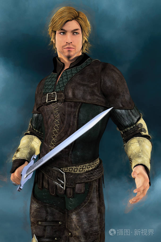 英俊的中世纪游侠猎人或贵族的绘画风格插图.