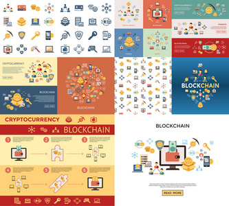 数字矢量线图标设置带加密元素的区块链包插图