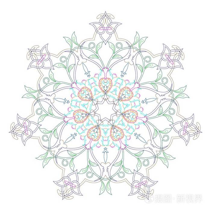 白色背景上的圆形对称曼陀罗. 图案着色书的插图. 成人绘画页面