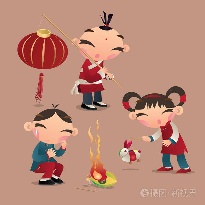 中国孩子们正在中国元宵节玩灯笼一个男孩不小心把灯笼掉了让它着火了