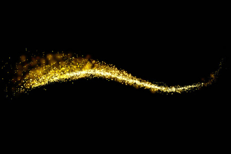 金色闪光的粒子在黑色的背景上闪烁着光芒。 抽象线闪耀纹理。