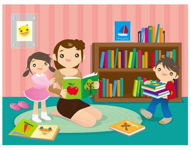 表情家图图书馆里的家庭乐趣照片