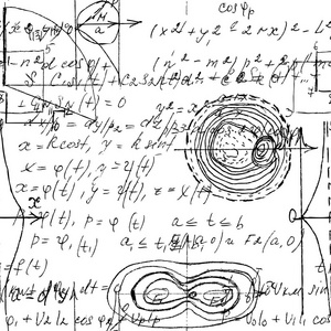 数学无缝纹理与手写数学代数和几何公式和图形函数计算和操作。 矢量。