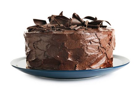 带有美味自制巧克力蛋糕的盘子，白色背景