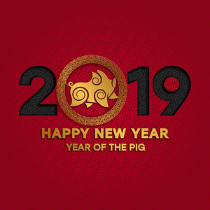 2019农历新年快乐，图标猪红黑纸风格，金色图案和文字图案上的波浪背景